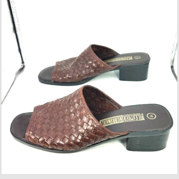 Leather Collection ladies Brown slides chunky 10 Woven Heel Sandal vtg y2k 90s - Picture 8 of 12